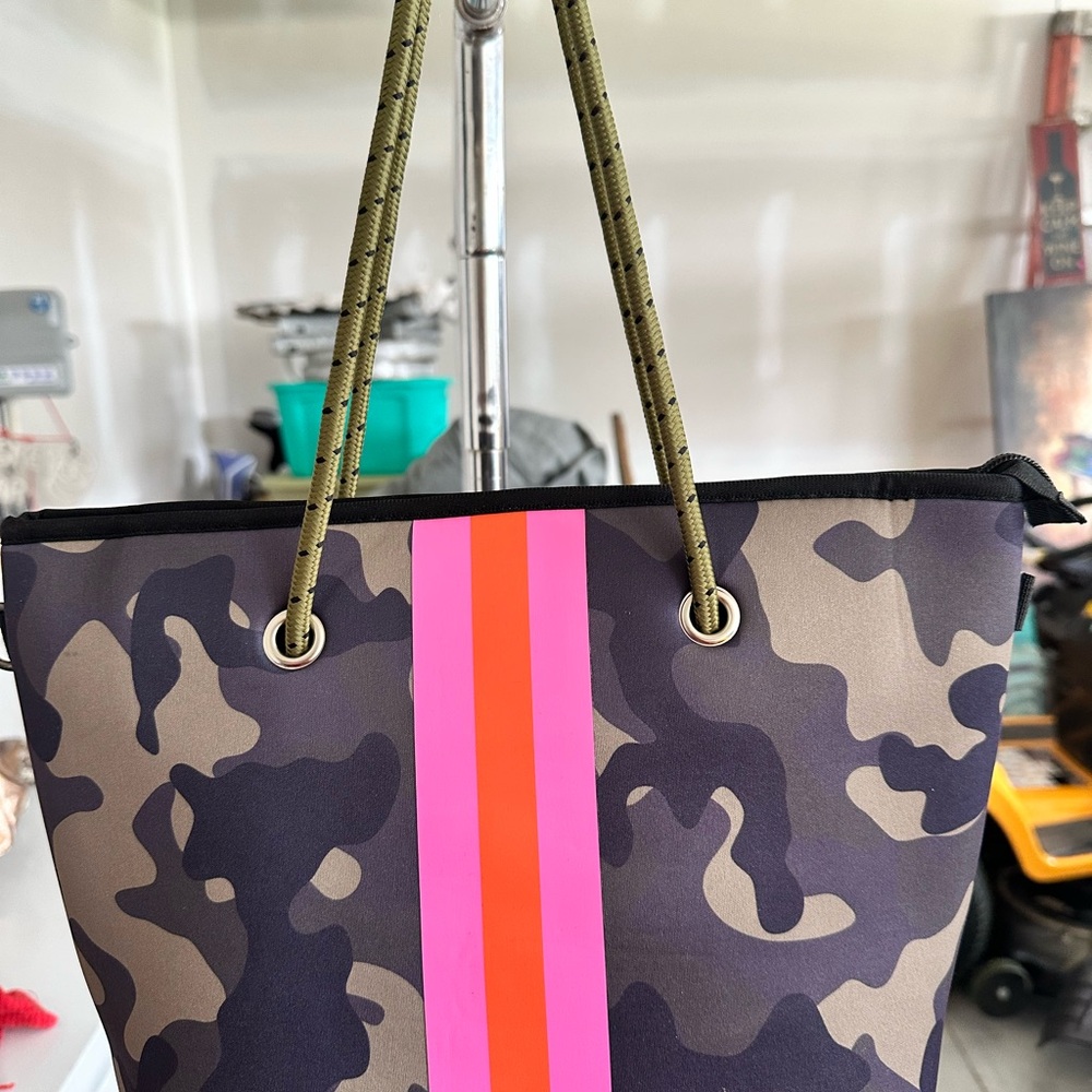 Camouflage Tote Bag with Pink and Orange Stripe